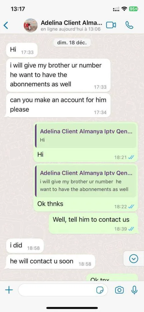Customer review message on WhatsApp praising 4K sports streaming quality